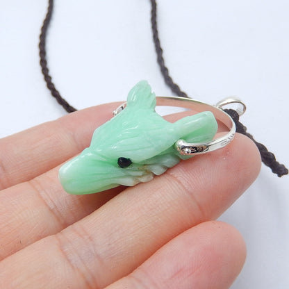 Handcraft Chrysoprase carved Wolf Head Pendants, 925 Sterling Silver Pinch Bail, 28x20x9mm, 6.2g - MyGemGarden