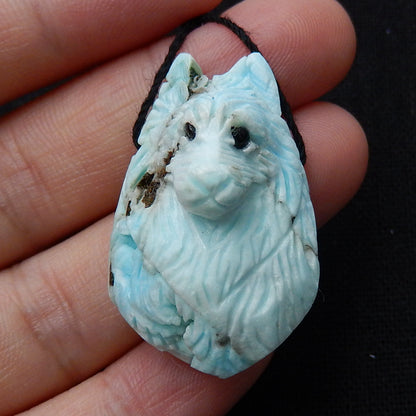 Unique larimar Handmade carved wolf head pendant bead, 34x21x17mm, 11.6g - MyGemGarden