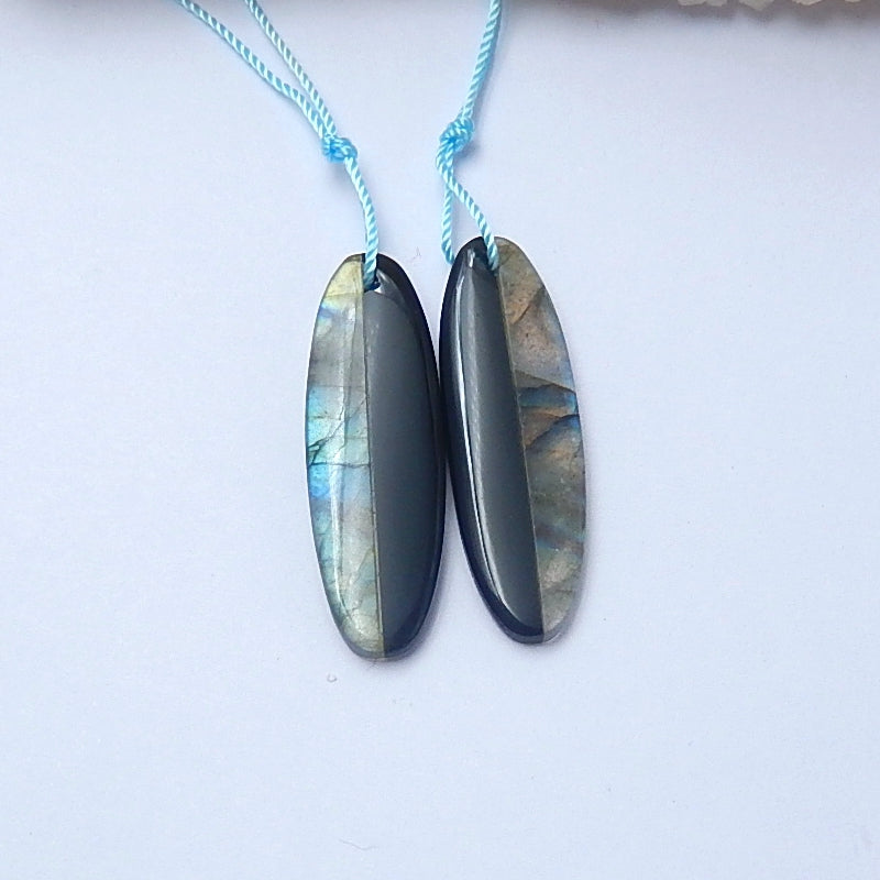 Labradorite, Obsidian Glued Earrings Pair,35x11x4mm,5.0g - MyGemGarden