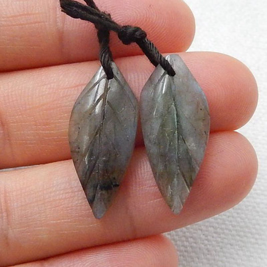 Labradorite Carved Leaf Earrings Stone Pair, 23x10x3mm, 2.6g - MyGemGarden