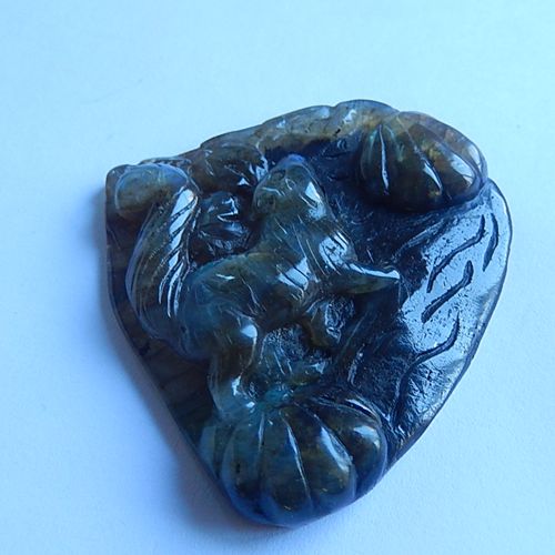 Carved Labradorite Gemstone Squirrel Cabochon, 52x50x10mm, 35.1g - MyGemGarden