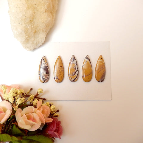 5 Pcs Chohua Jasper Cabochons (Have Hole), 33X12X5mm, 15.5g - MyGemGarden