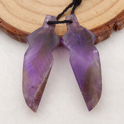 Carved Amethyst Feather Shaped Earrings Stone Pair, 31x11x4mm, 3.9g