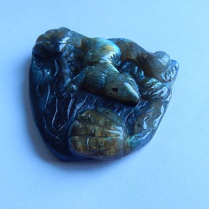 Carved Labradorite Gemstone Squirrel Cabochon, 52x50x10mm, 35.1g - MyGemGarden