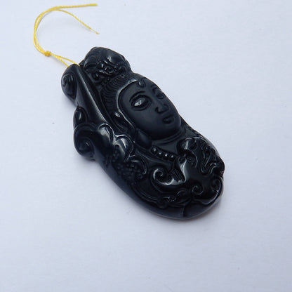Handmade Obsidian Carved guanyin buddha Pendant Bead, 67x36x14mm, , 47.4g - MyGemGarden