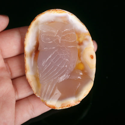 Red Agate Carved Owl Cabochon, 67x48x19mm, 61.1g - MyGemGarden
