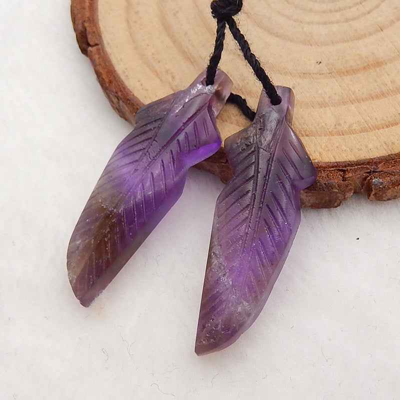 Carved Amethyst Feather Shaped Earrings Stone Pair, 31x11x4mm, 3.9g