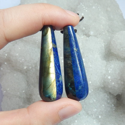 Natural Labradorite Lapis Lazuli Glued Earrings Pair,42x13x13mm,19g - MyGemGarden