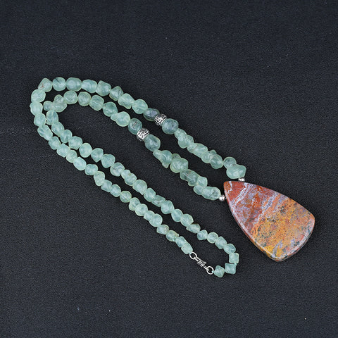 Natural Prehnite With Silver Beads Gemstone Necklace, Ocean Jasper Pendant, Handmade Jewelry, 1 Strand, 24 inch, 92g