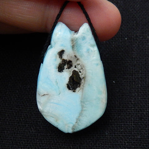 Unique larimar Handmade carved wolf head pendant bead, 34x21x17mm, 11.6g - MyGemGarden