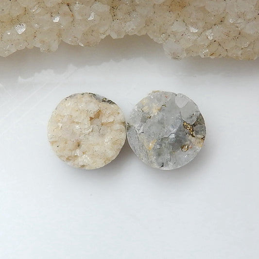 Natural Drusy White Quartz With Pyrite Round Gemstone Cabochon Pair, 10x7mm, 2.6g - MyGemGarden