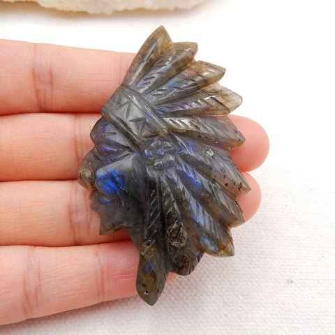 Vintage Hand Carved Labradorite Gemstone Indian Head Pendant , 61x37x8mm, 20.1g - MyGemGarden