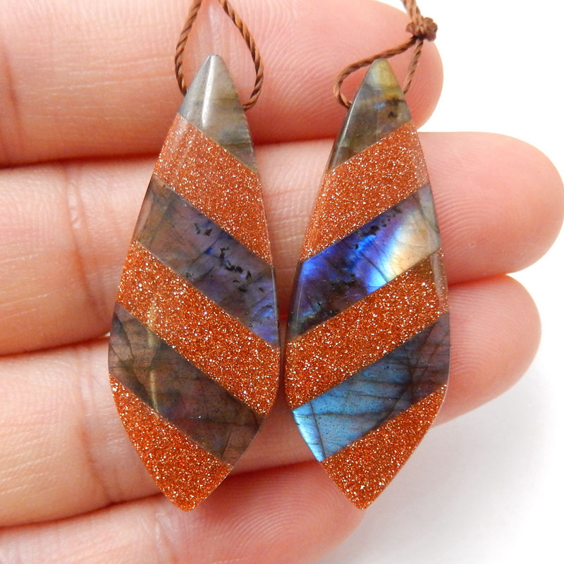Red Sand Sun Sitara and Labradorite Glued Gemstone Earrings Stone Pair, 38x14x5mm, 6.7g - MyGemGarden