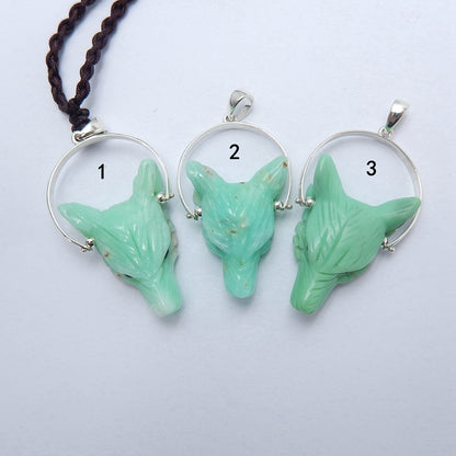 Handcraft Chrysoprase carved Wolf Head Pendants, 925 Sterling Silver Pinch Bail, 28x20x9mm, 6.2g - MyGemGarden