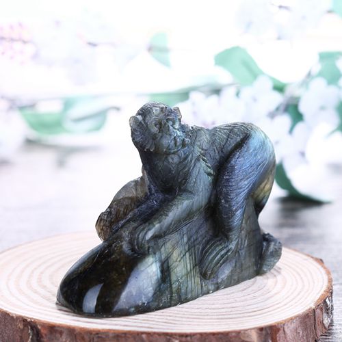 Pure Natural Labradorite Carved Monkey Gemstone Lucky Cabochon, 74x56x39mm, 146.89g - MyGemGarden