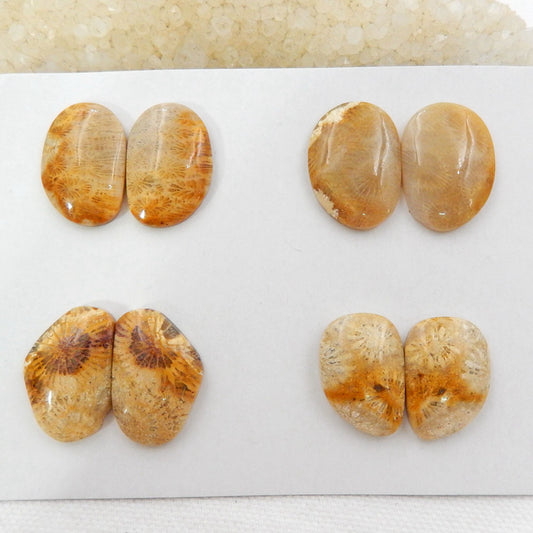 Sale 4 Pairs Indonesian Fossil Coral Gemstone Cabochons, 20x14x6mm, 22x15x5mm, 20.6g - MyGemGarden