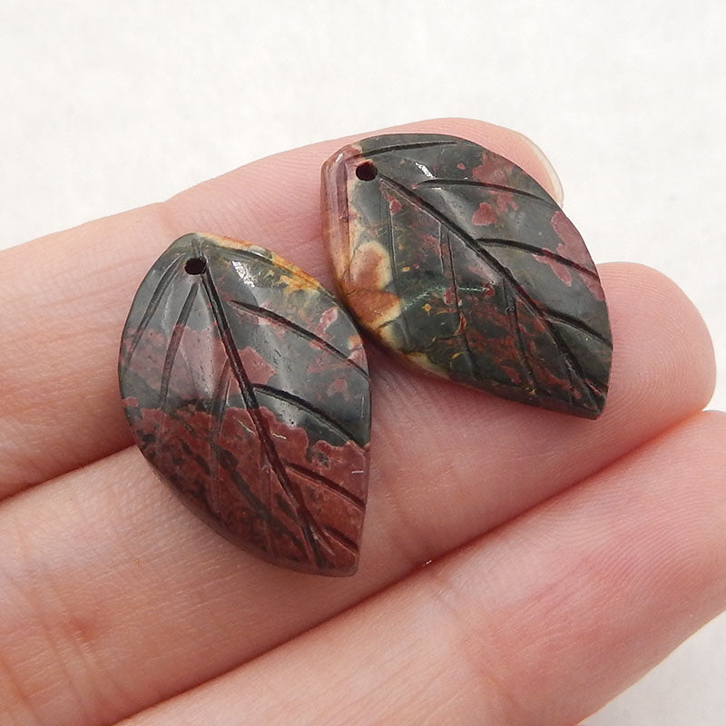 Multicolor Picasso Jasper Carved Leaf Earrings Stone Pair, 22x14x4mm, 3.6g
