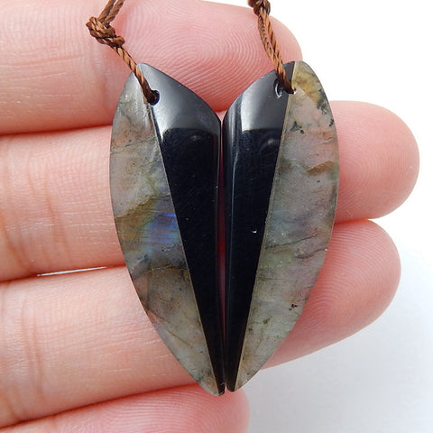 Natural Obsidian and Labradorite Glued Gemstone Earrings Pair, 33x13x4mm, 4.3g - MyGemGarden