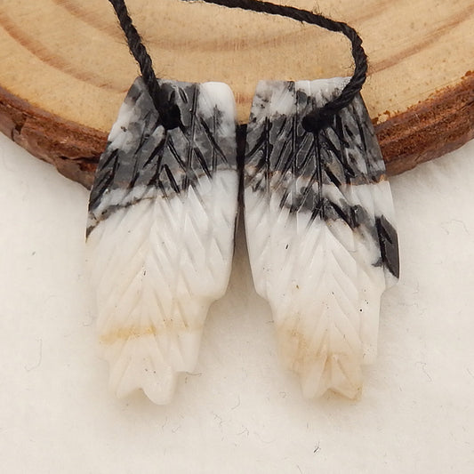White Zabra Jasper Carved Feather Shaped Earrings Stone Pair, 25x12x3mm, 3.1g