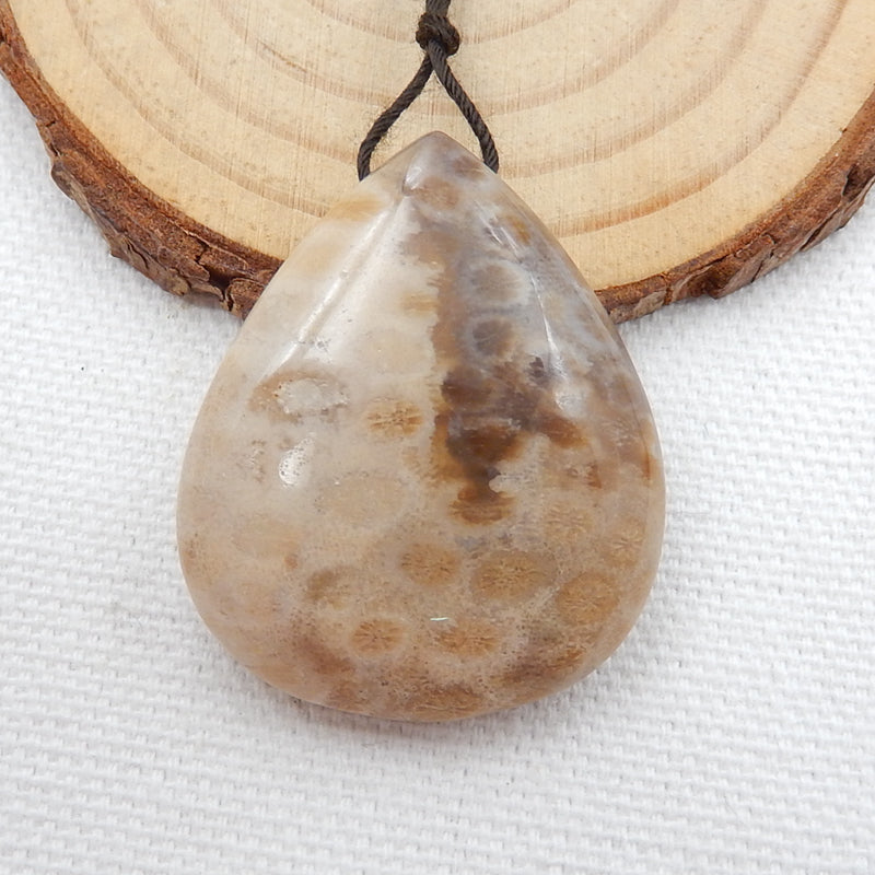 Natural Indonesian Fossil Coral Drilled Teardrop Gemstone Pendant Bead, 34x28x12mm, 14.4g - MyGemGarden
