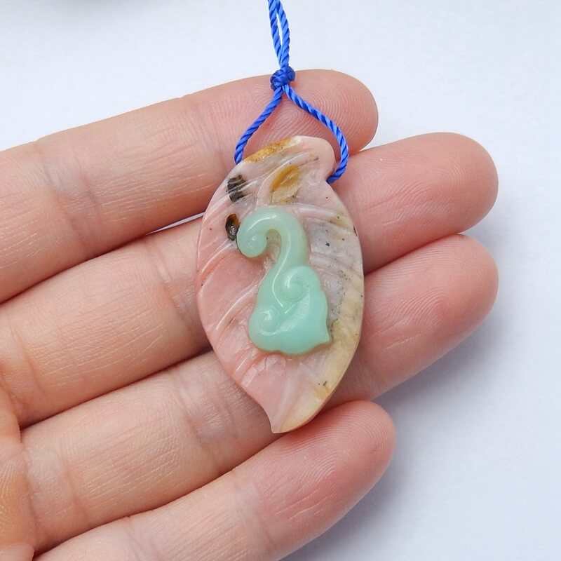 Handmade Pink Opal and Chrysoprase carved leaf Pendant Bead, 35x21x8mm, 6.6g - MyGemGarden