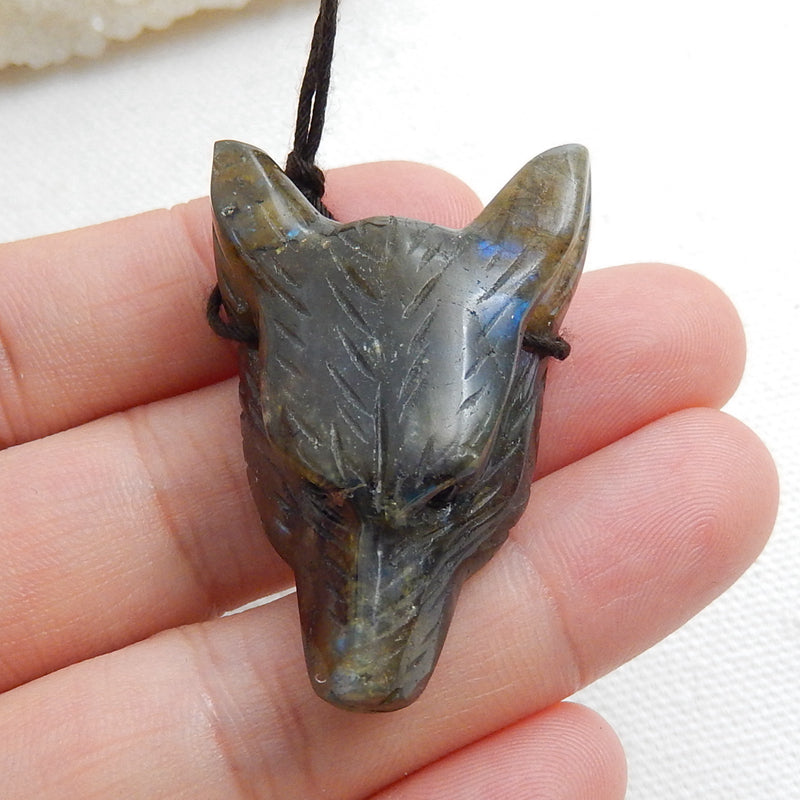 Handmade Labradorite Carved Wolf Head Pendant Bead, 38x26x12mm, 14g - MyGemGarden