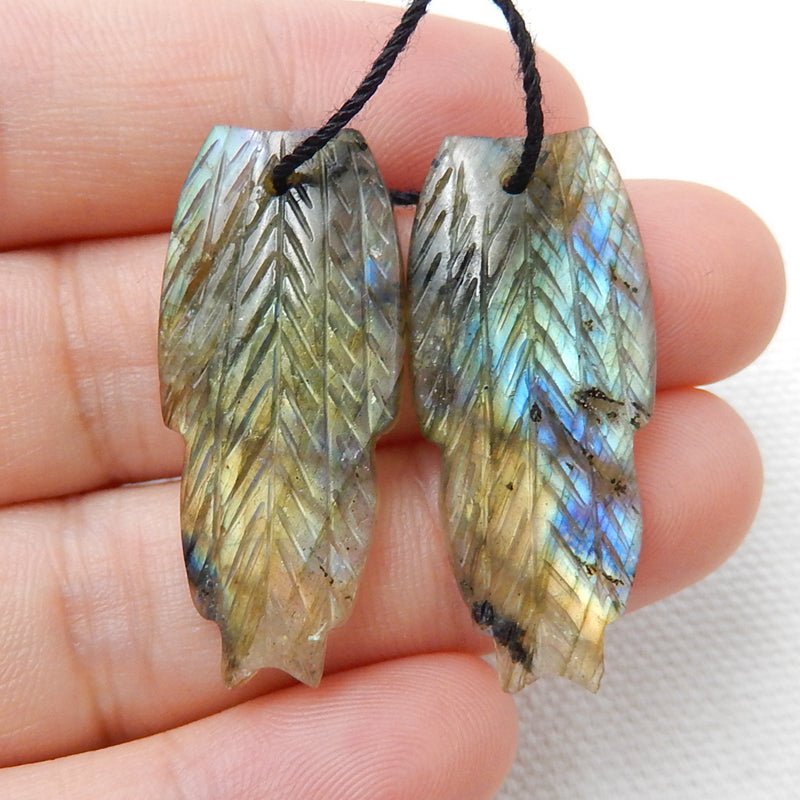 Labradorite Carved Feather Earrings Pair, Handcarved Gemstone Feather Dangle Earrings,33x14x4mm, 5.7g - MyGemGarden