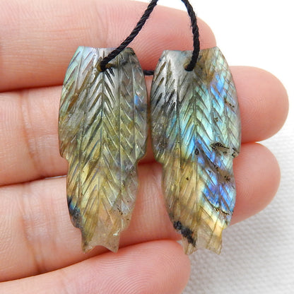 Labradorite Carved Feather Earrings Pair, Handcarved Gemstone Feather Dangle Earrings,33x14x4mm, 5.7g - MyGemGarden