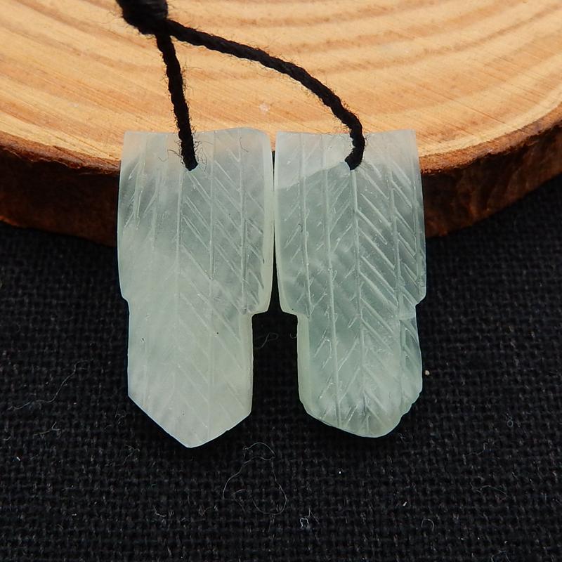 Jade Carved Feather Shaped Earrings Stone Pair, 22x11x4mm, 3.7g