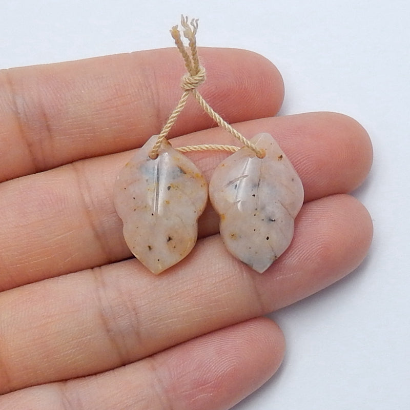 Hot sale Pink Opal Carved leaf Earrings Pair, 21x14x5mm, 2.8g - MyGemGarden