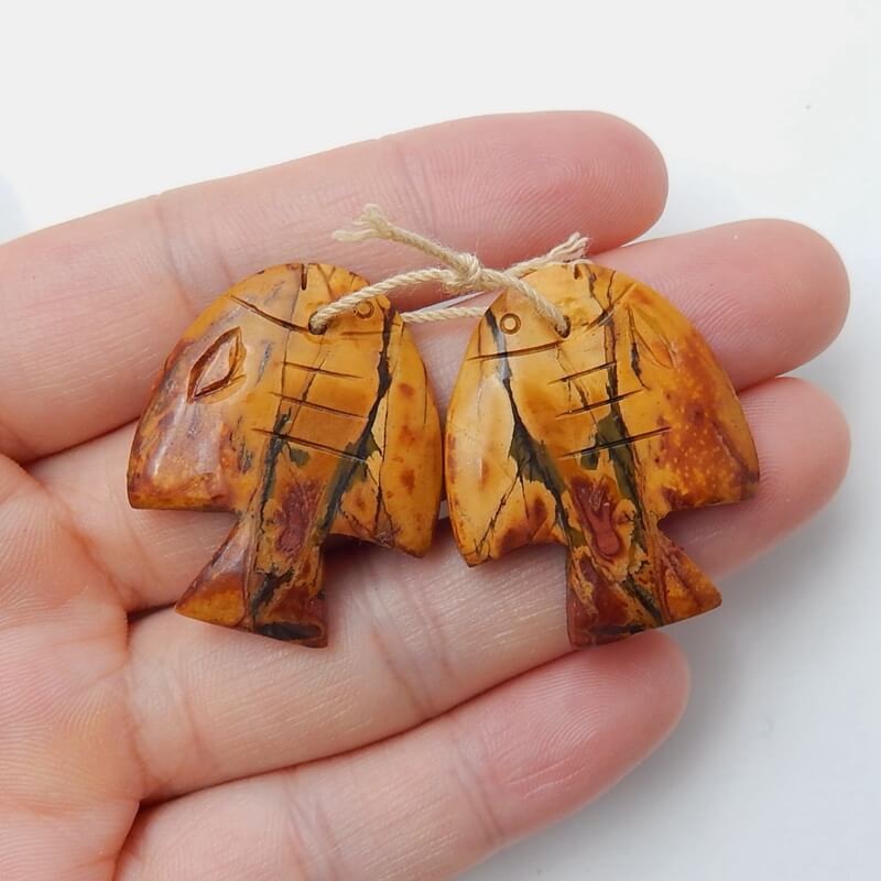 Hot sale Multi-Color Picasso jasper Carved fish Earrings Pair, stone for Earrings making, 30x25x4mm, 9.8g - MyGemGarden