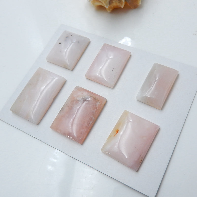 6 PCS Pink Opal Rectangle Gemstone Cabochons, 31x19x6mm,25x5x6mm, 31.1g - MyGemGarden