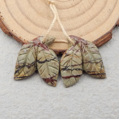 Natural Red Creek Jasper Carved leaf Earring Beads 22x20x4mm, 4.9g