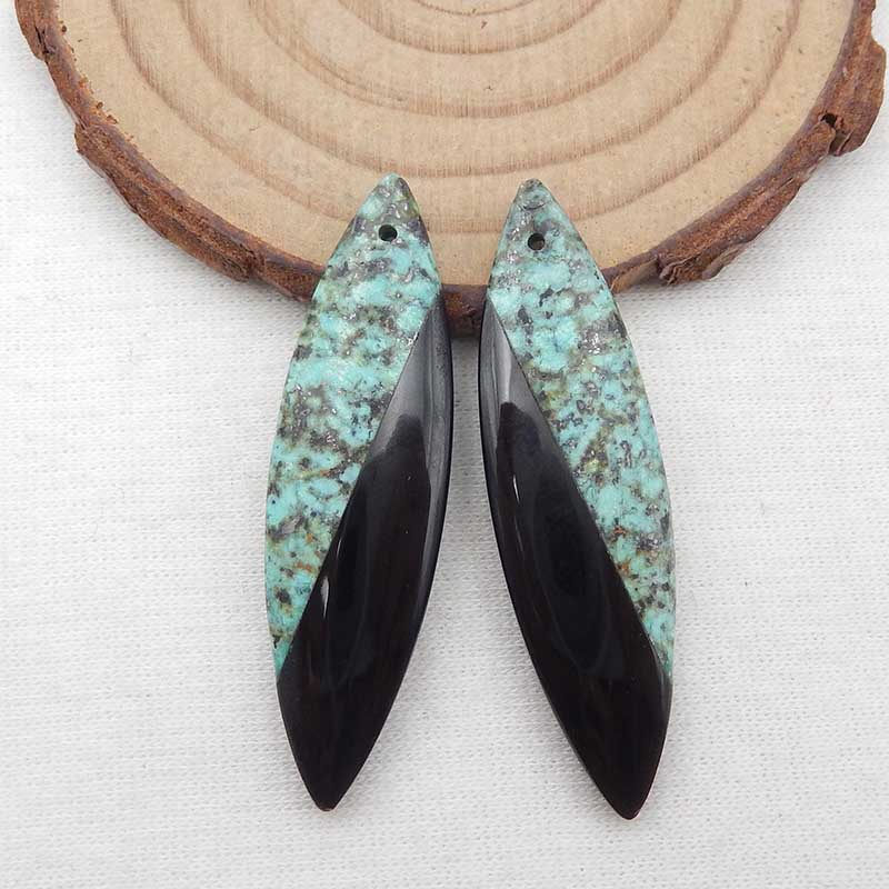 Boucles d'oreilles marquise collée turquoise et obsidienne africaine, 44x12x4mm, 7.4g