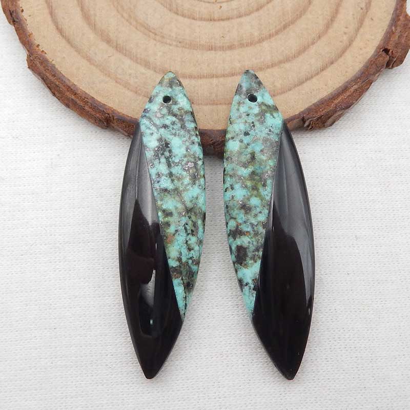 Boucles d'oreilles marquise collée turquoise et obsidienne africaine, 44x12x4mm, 7.4g