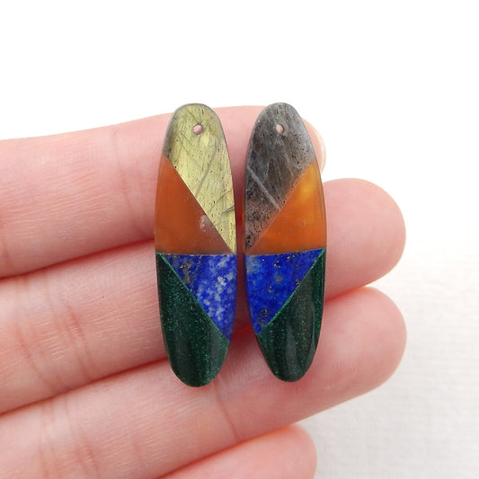 Intarsia of Red Agate, Lapis Lazuli, Labradorite and Malachite Earring Beads 33x9x5mm, 5.5g