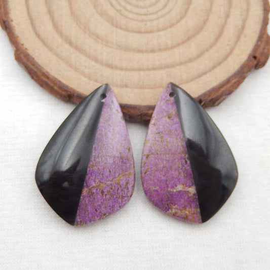 Paire de boucles d'oreilles en pierres précieuses collées avec pierre violette africaine Stichtite et obsidienne, 31x21x5mm, 7.5g