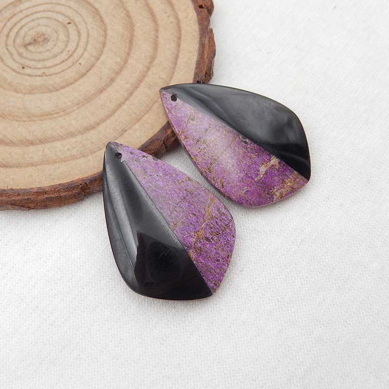 非洲紫石 Stichtite 和黑曜石胶合宝石耳环一对，31x21x5mm，7.5g
