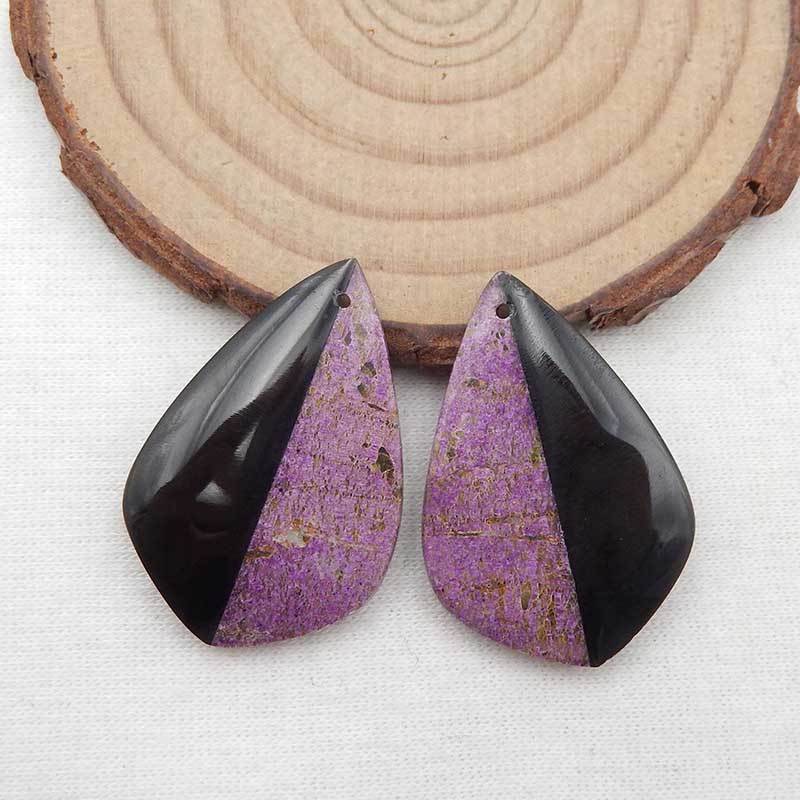Intarsia of African Purple Stone and Obsidian Earring Beads 31x21x5mm, 7.5g