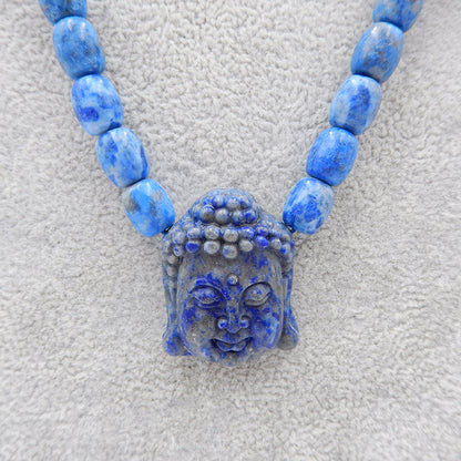 1 Strand Lapis Lazuli Gemstone Necklaces, Buddha Head Gemstone Pendant Necklace, Adjustable Necklace, 26-38 inch, 95g