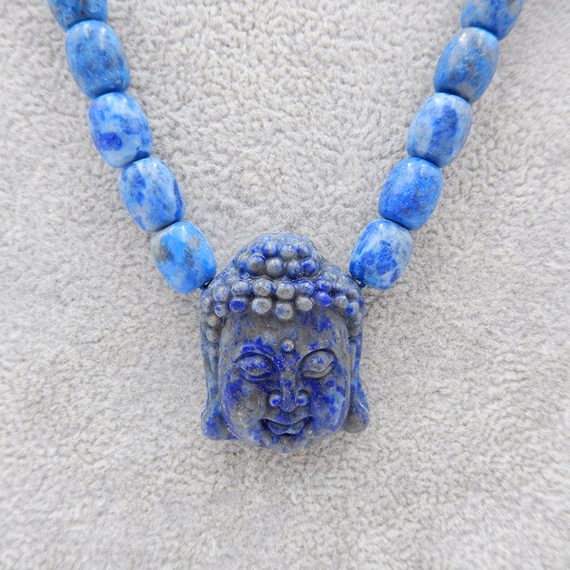 1 Strand Lapis Lazuli Gemstone Necklaces, Buddha Head Gemstone Pendant Necklace, Adjustable Necklace, 26-38 inch, 95g
