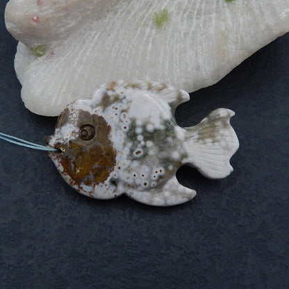 Natural Ocean Jasper Carved fish Pendant Bead  52x34x7mm, 17.0g