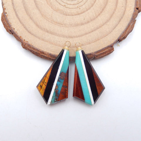 Intarsia Of Turquoise, Howlite,Tiger's Eye, Obsidian Earring Beads 29x14x4mm, 4.7g