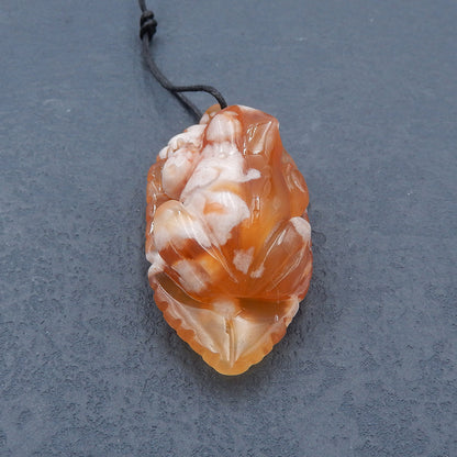 Natural Cherry Blossom Agate Carved frog Pendant Bead 61X31X22mm, 42.7g