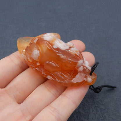 Natural Cherry Blossom Agate Carved frog Pendant Bead 61X31X22mm, 42.7g