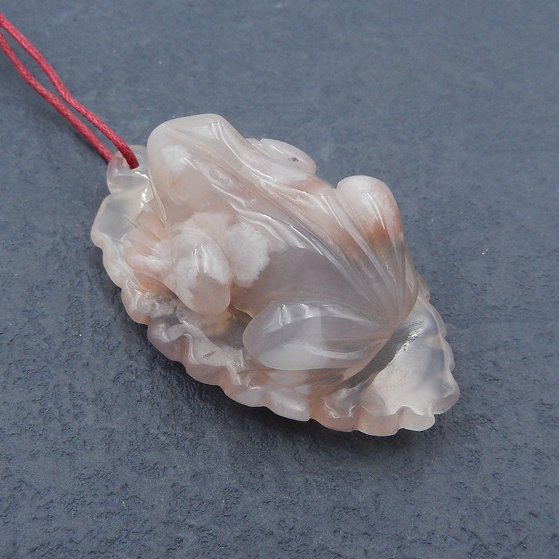 Natural Cherry Blossom Agate Carved frog Pendant Bead 55X33X23mm, 38.0g