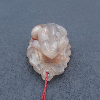 Natural Cherry Blossom Agate Carved frog Pendant Bead 55X33X23mm, 38.0g