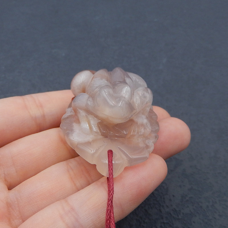 Natural Cherry Blossom Agate Carved frog Pendant Bead 55X33X23mm, 38.0g