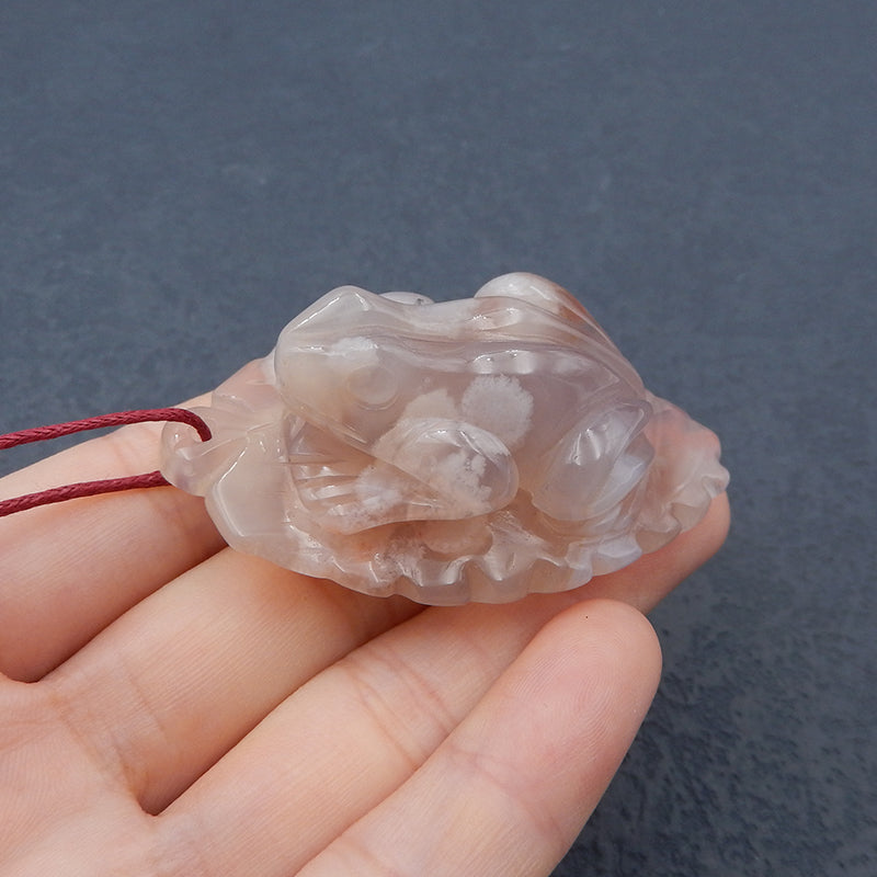 Natural Cherry Blossom Agate Carved frog Pendant Bead 55X33X23mm, 38.0g
