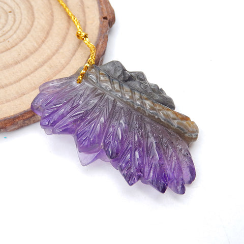 Perle pendentif en améthyste naturelle sculptée avec tête indienne, 42 x 26 x 7 mm, 10,9 g